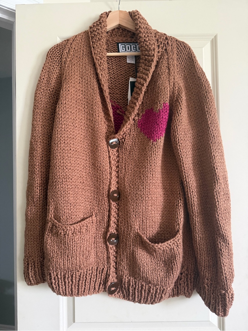 GOGO Chunky Brown Cardigan with Pink Heart Accent